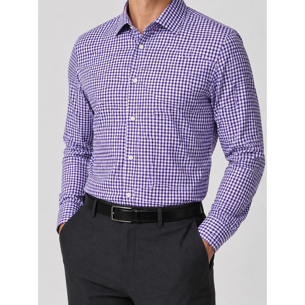 John Varvatos USA Mens Purple Gingham Check Cotton Button Down Shirt L W373Q1B